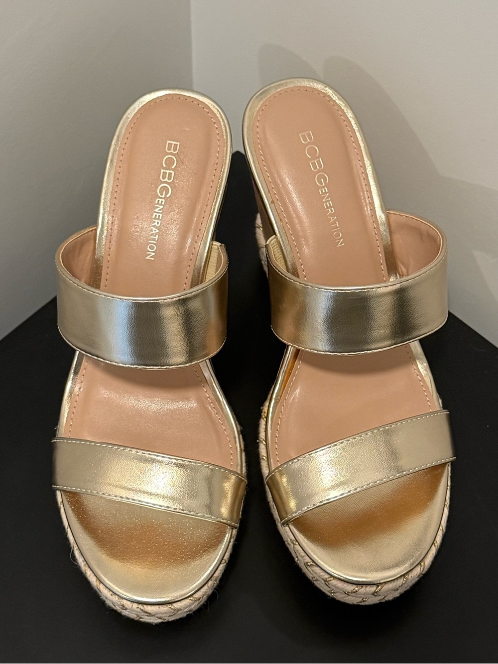BCBGeneration Gold Double-Strap Platform Sandals